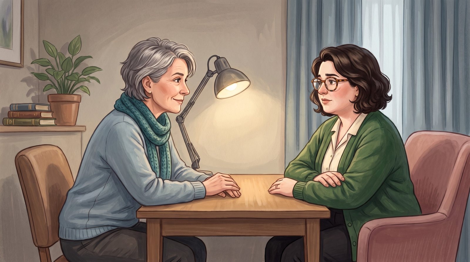 A coach with grey hair and a teal scarf leans forward with open curiosity; the Collector's crossed arms begin to loosen