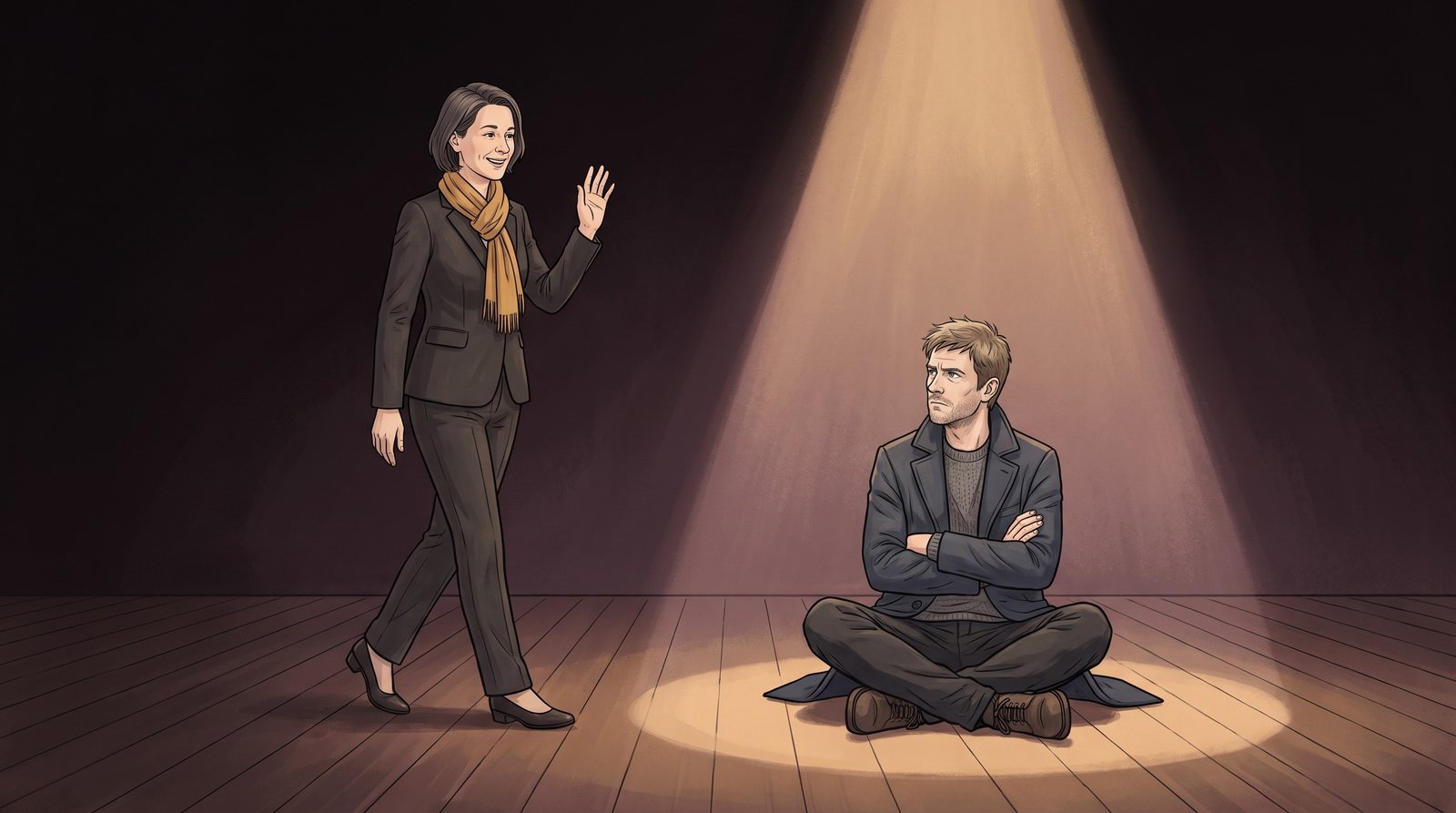 An empty stage in a spotlight: the Wanderer sits cross-legged on the floor, arms crossed; the Fosterer walks on, waving