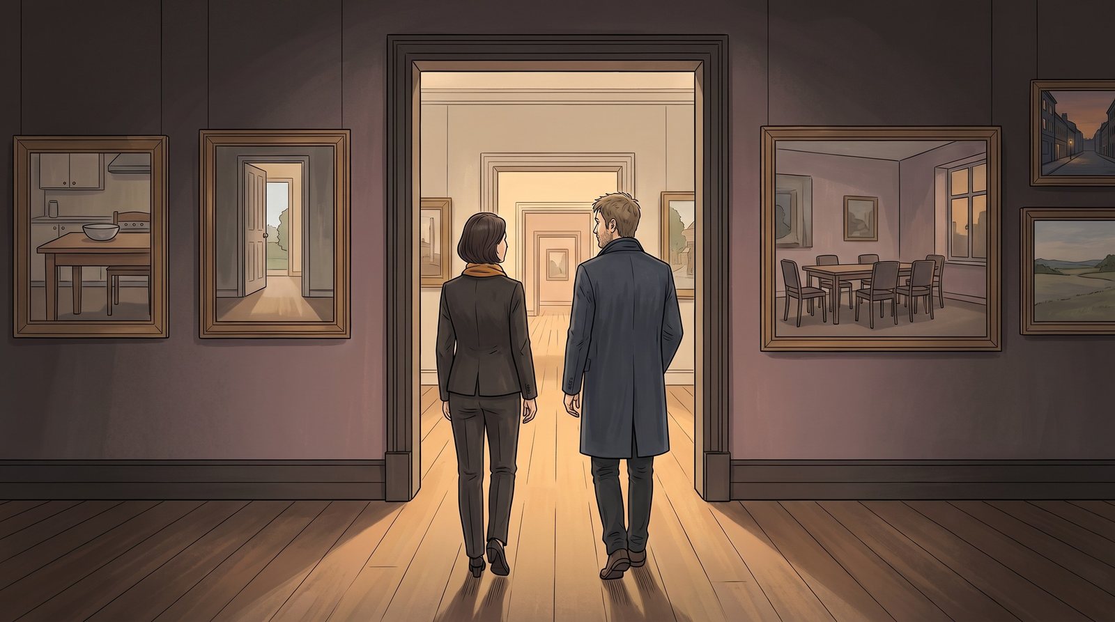 The stage gives way to a long gallery: the Fosterer and the Wanderer walk into rooms hung with paintings of everyday scenes