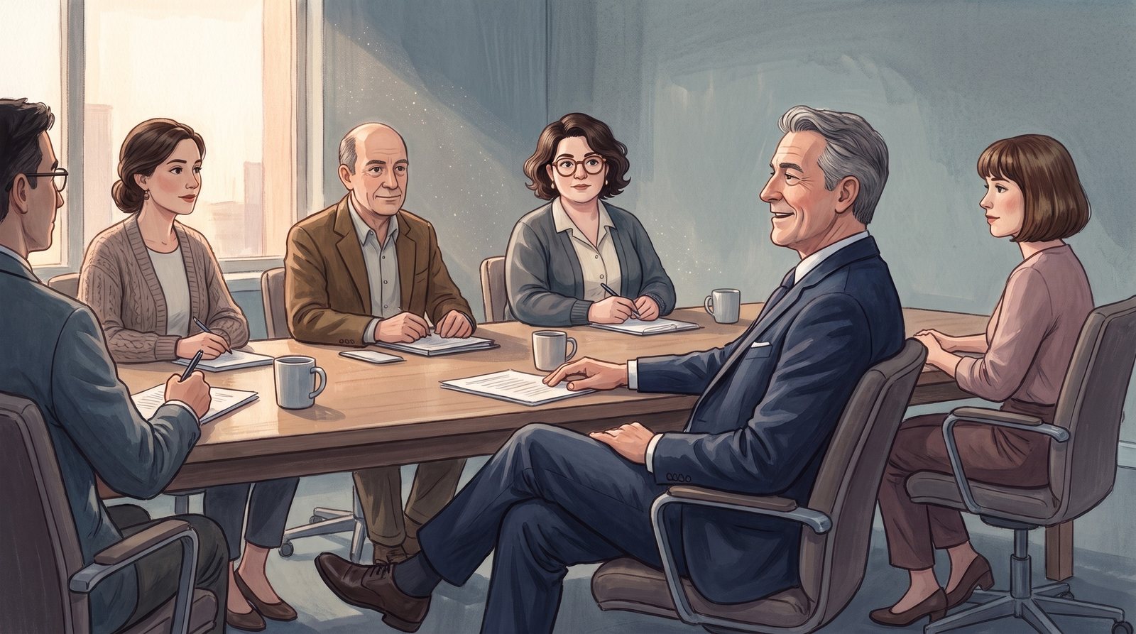 A boardroom: a man from top management leans back, pleased with himself, mid-sentence; the Collector sits silent among the managers