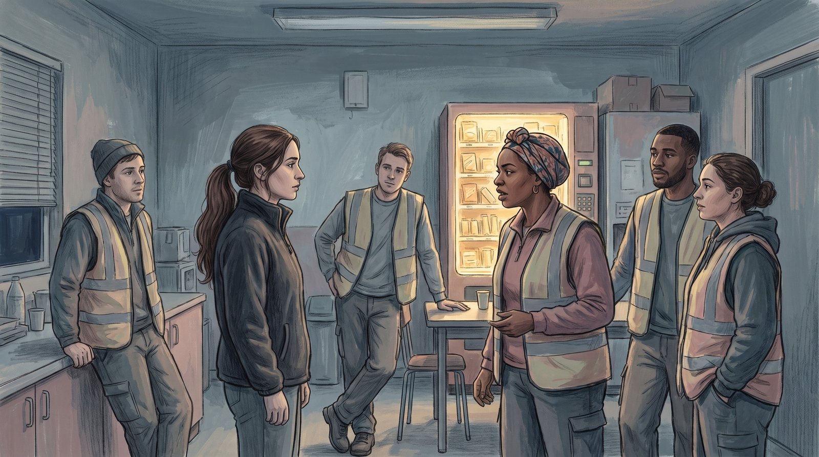 A staff break room at night: crew members in high-visibility vests face the Collector; one of them says: this can't go on