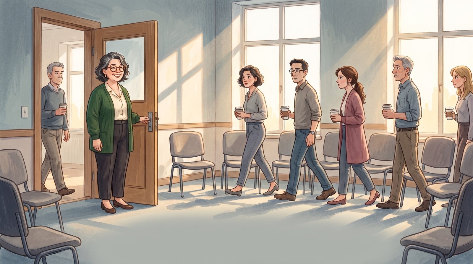 The Collector by the door of a seminar room with a fixed smile, participants coming in