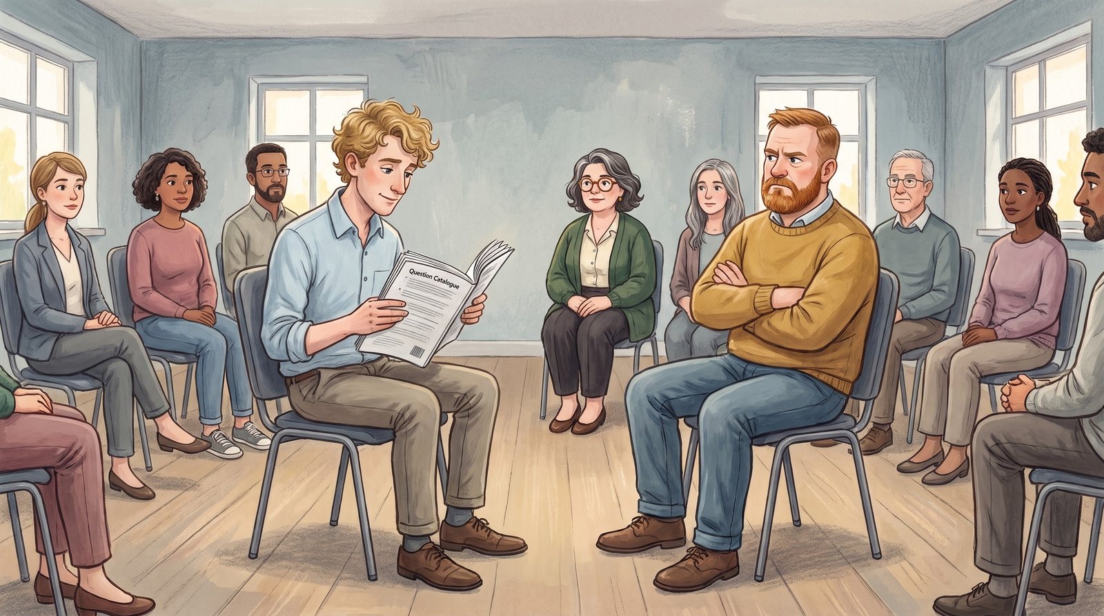 A seminar role-play: the coach stares into a thick catalogue of questions, the coachee sits opposite with his arms crossed