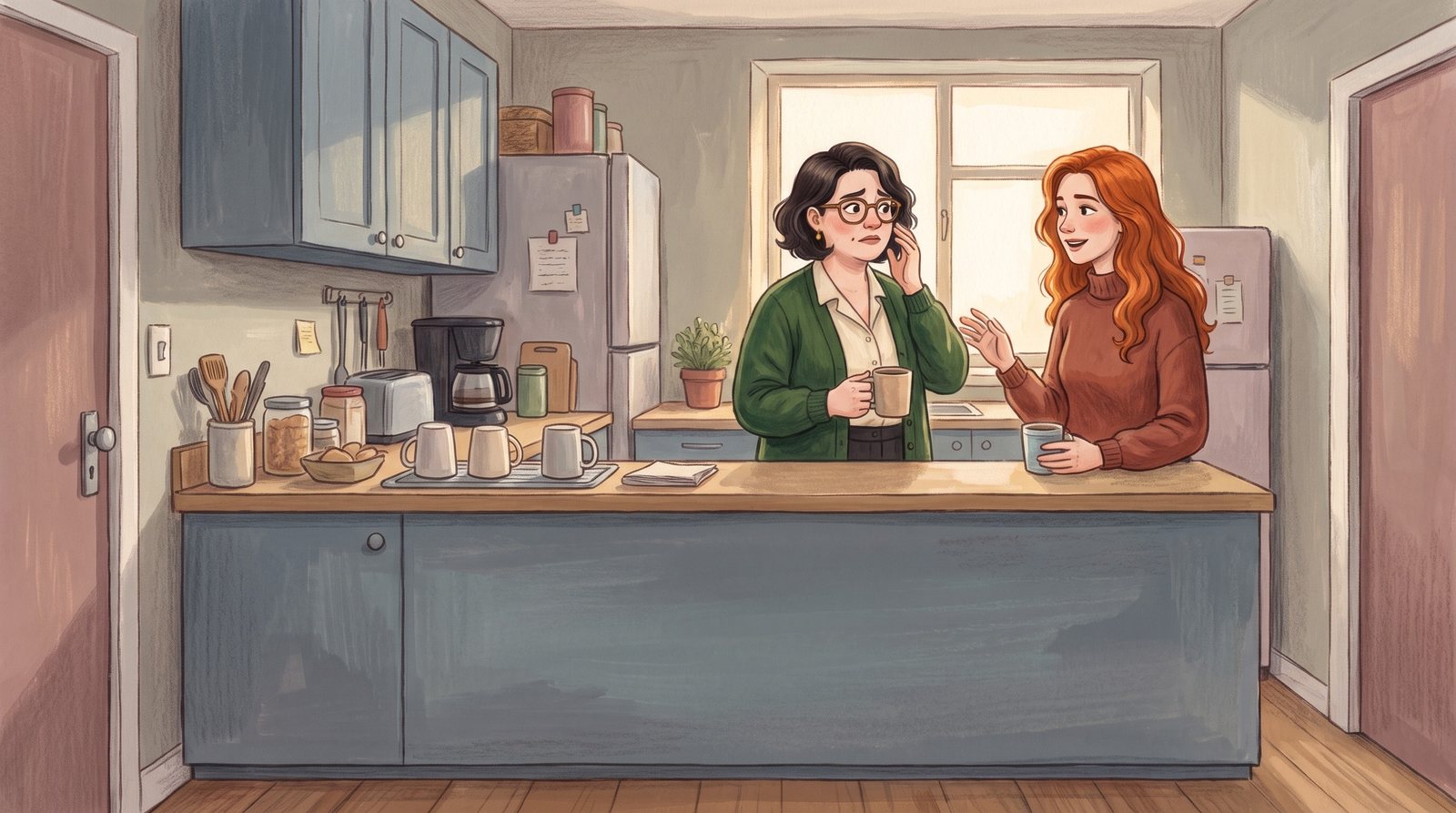 An office kitchen: a colleague with red hair says something in passing; the Collector is caught off guard