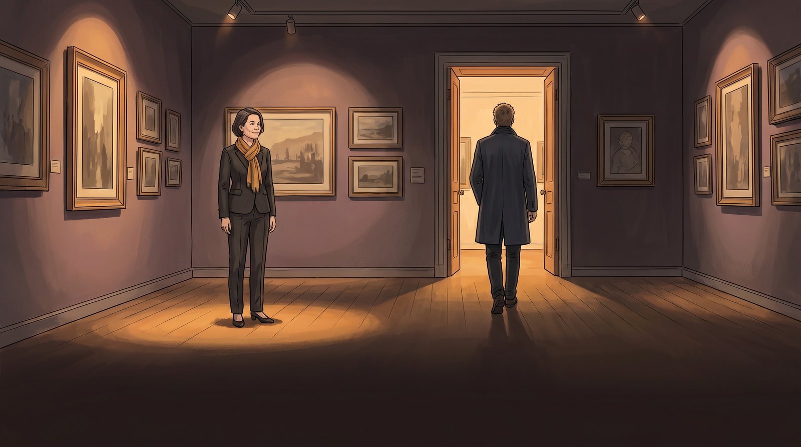 The Wanderer walks on into the next room; the Fosterer stays and watches